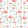 Watercolor seamless pattern forest leaves and mushrooms for holiday, greeting cards, posters, books, envelopes, photo album