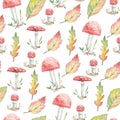 Watercolor seamless pattern forest leaves and mushrooms for wedding invitations, holiday, greeting cards, posters, books, envelope