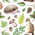 Watercolor seamless pattern Forest life Illustration on white background with hedgehogs, ladybug, hazelnut,chipmunk, mushroom.