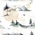 Watercolor seamless pattern of forest, mountains, deers and birds. Hand painted abstract and gold linear illustrations