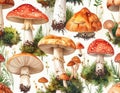 Watercolor seamless pattern with forest mushrooms and green moss on a white background Royalty Free Stock Photo