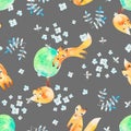 Watercolor seamless pattern with foxes in forest. Good for kids Royalty Free Stock Photo