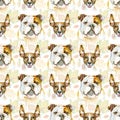 Watercolor seamless pattern of bulldog and jack russell terrier. Pet, puppy background. Animal wallpaper
