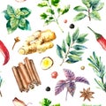 Watercolor seamless pattern of fresh herbs and spices .