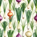 Watercolor Seamless Pattern of Fresh Leeks and Onions on a Light Background Royalty Free Stock Photo