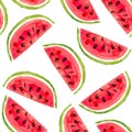 Watercolor seamless pattern with fresh watermelon slices on white