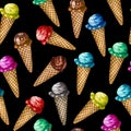 Watercolor seamless pattern fruit icecream a cone. Hand painted sweet summer dessert. Ice cream seamless background.