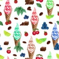 Watercolor seamless pattern fruit icecream a cone. Hand painted sweet summer dessert. Ice cream seamless background.