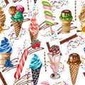 Watercolor seamless pattern fruit icecream a cone. Hand painted sweet summer dessert. Ice cream seamless background.