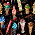 Watercolor seamless pattern fruit icecream a cone. Hand painted sweet summer dessert. Ice cream seamless background.