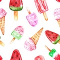 Watercolor seamless pattern with fruit popsicles and ice cream, isolated on white background. Summer bright dessert print. Royalty Free Stock Photo