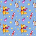 Watercolor seamless pattern with funny fox, stars, balls, hand drawn sketch, Christmas illustration Royalty Free Stock Photo