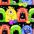 Watercolor seamless pattern with funny monster heads.