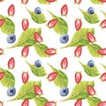 Watercolor seamless pattern of garden and forest berries. Blueberries, strawberries and green leaves