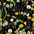 Watercolor seamless pattern of  garden wildflowers, Seamless botanical pattern Royalty Free Stock Photo
