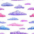 Watercolor seamless pattern of gentle pink purple and blue clouds on white backdrop. watercolor pastel clouds backdrop. Hand