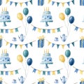 Watercolor seamless pattern with gifts,birthday cake,balloons,garlands Royalty Free Stock Photo