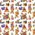 Watercolor seamless pattern. Gingerbread men with christmas gifts on white background