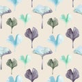 Watercolor seamless pattern with Gingko or Ginkgo biloba leaves and pastel pink  background. Royalty Free Stock Photo