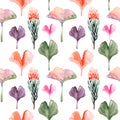 Watercolor seamless pattern with Gingko or Ginkgo biloba leaves and protea pastel on the white background. Royalty Free Stock Photo