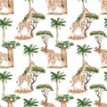 Watercolor seamless pattern with giraffe family, palm, acacia tree, baobab, savanna on white background