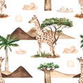 Watercolor seamless pattern with giraffes in the savanna