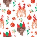 Watercolor seamless pattern with a girl of African and European race in a Christmas hat