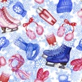 Watercolor seamless pattern with girl and boy ice skating access Royalty Free Stock Photo