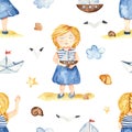 Watercolor seamless pattern with a girl sailor, boat, clouds, shells, seagulls