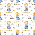 Watercolor seamless pattern with a girl sailor, boat, clouds, shells, seagulls on a white background