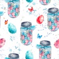 Watercolor seamless pattern with glass jar, candy, Easte eggs Royalty Free Stock Photo