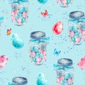 Watercolor seamless pattern with glass jar, candy, Easte eggs Royalty Free Stock Photo