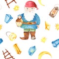 Watercolor seamless pattern with gnome, lantern, crystals.