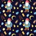 Watercolor seamless pattern with gnome, lantern, crystals.