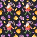 Watercolor seamless pattern with gnome, pickaxe, bag, crystals.