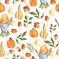 Watercolor seamless pattern of gnomes, pumpkins, acorns, twigs, mushrooms