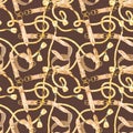 Watercolor seamless pattern with gold chains, belts and leather ropes on color background