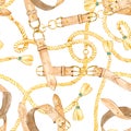 Watercolor seamless pattern with gold chains; belts and leather ropes