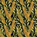 Watercolor seamless pattern with gold ears of wheat and green twigs on black background. Hand drawn illustration Royalty Free Stock Photo