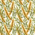 Watercolor seamless pattern with gold ears of wheat and green twigs on white background. Hand drawn illustration Royalty Free Stock Photo