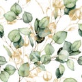 Watercolor seamless pattern of gold eucalyptus branches, seeds and leaves. Hand painted tropical plants isolated on Royalty Free Stock Photo