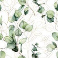 Watercolor seamless pattern of gold eucalyptus branches, seeds and linear leaves. Hand painted tropical plants isolated Royalty Free Stock Photo