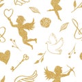 Watercolor seamless pattern with golden angels, hearts, birds, wings.