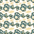 Watercolor seamless pattern golden chain, gemstone and feather.