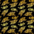 Watercolor seamless pattern with golden leaves. Palm leaf Abstract botanical pattern with leaves. Bright golden twigs. Deciduous Royalty Free Stock Photo