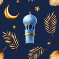 Watercolor seamless pattern with golden pampas grass, date palm branches, minaret, crescent moon, star illustration