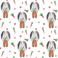 Watercolor seamless pattern with gray bunny and carrot isolated on the white background Royalty Free Stock Photo