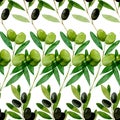 Watercolor seamless pattern Black and greenolive on white