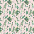 Watercolor seamless pattern of green exotic leaves