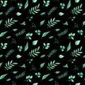 Watercolor seamless pattern with green herbs and leaves on black background.